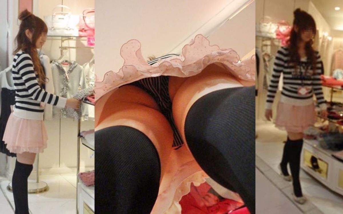 【ショップ店員盗撮エロ画像】お店で働く美人お姉さんの派手なパンツを逆さ撮り…悔いる様に凝視ｗｗｗ